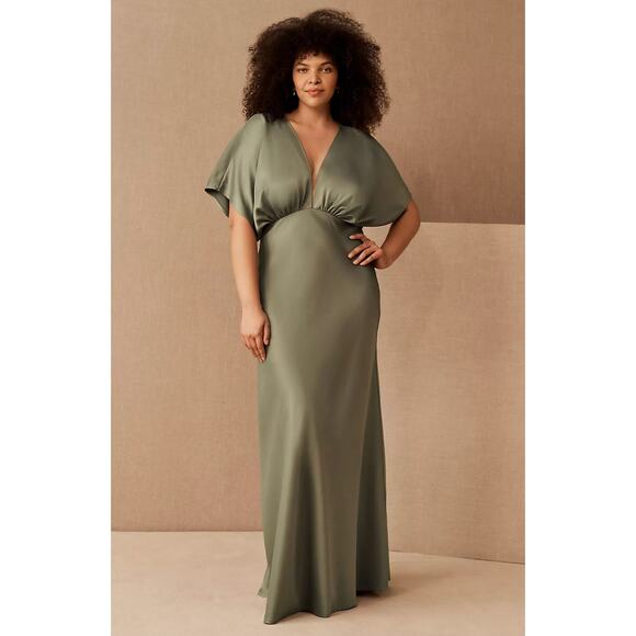 Anthropologie BHLDN Leila Deep-V Flutter-Sleeve Satin A-Line Gown 18W Moss - Picture 1 of 4